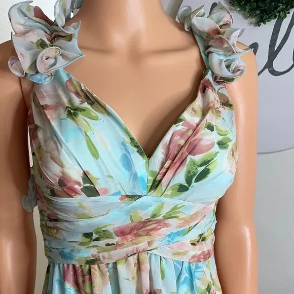 BETSY & ADAM Floral Print Ruffle Lace Back Gown Sz. 4 - Picture 7 of 11